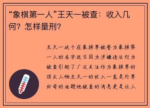 “象棋第一人”王天一被查：收入几何？怎样量刑？